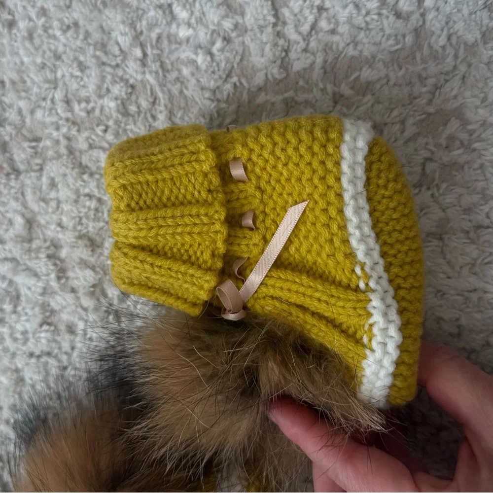 Cozy Mustard Knit Baby Booties with real Fur Pom